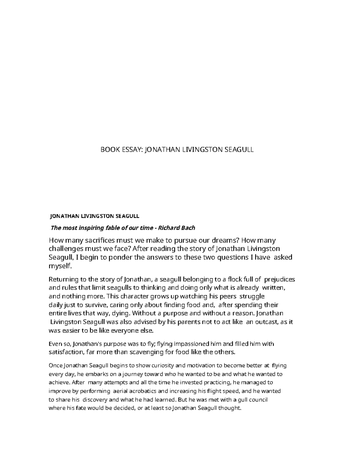 Book Essay: Jonathan Livingston Seagull Analysis - Studocu