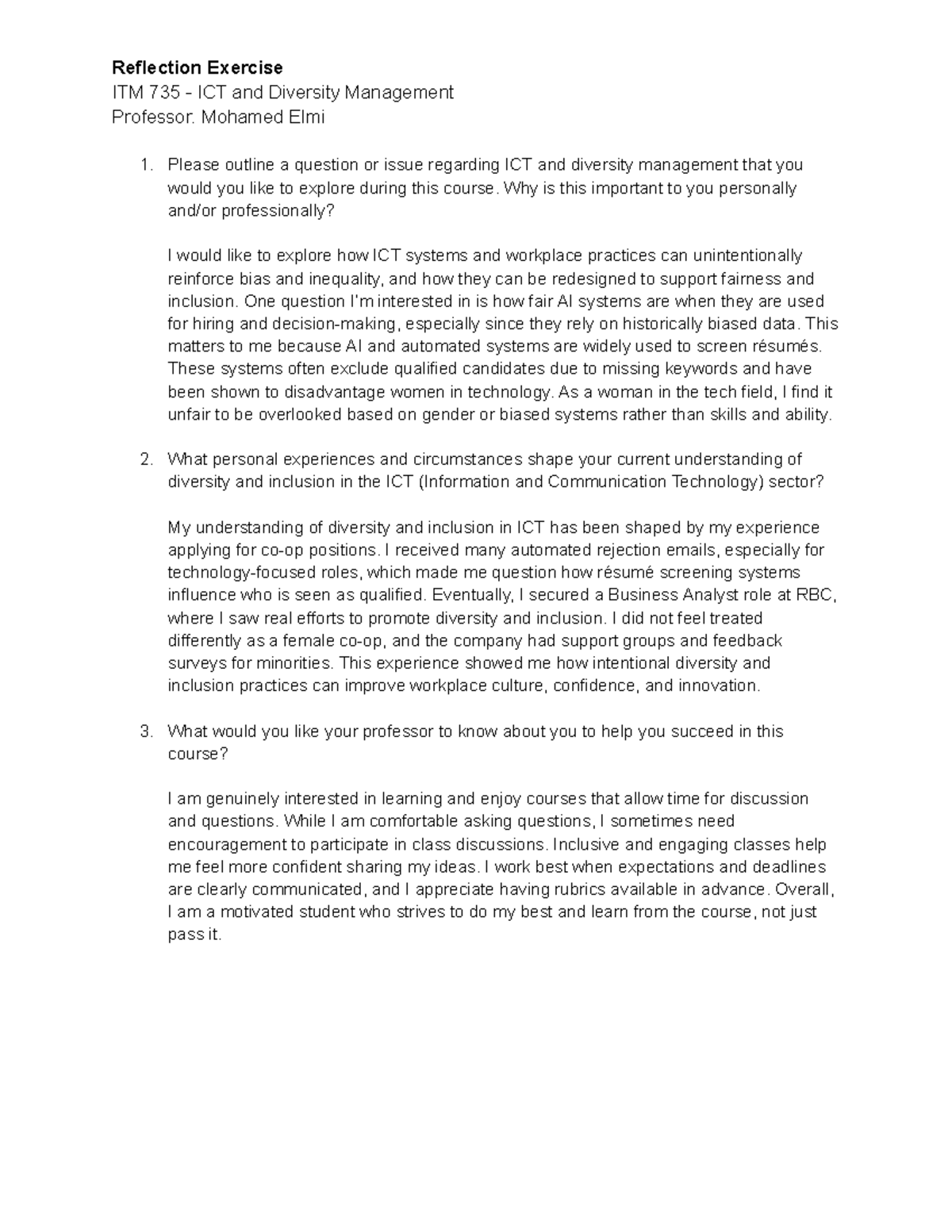 ITM 735 - Reflection on ICT, Diversity, and Inclusion Challenges - Studocu