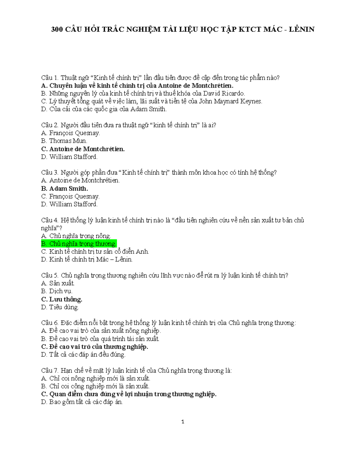 ĐÁP ÁN 300 CÂU TRẮC NGHIỆM TÀI LIỆU HỌC TẬP KTCT MÁC LÊNIN - Document Preview