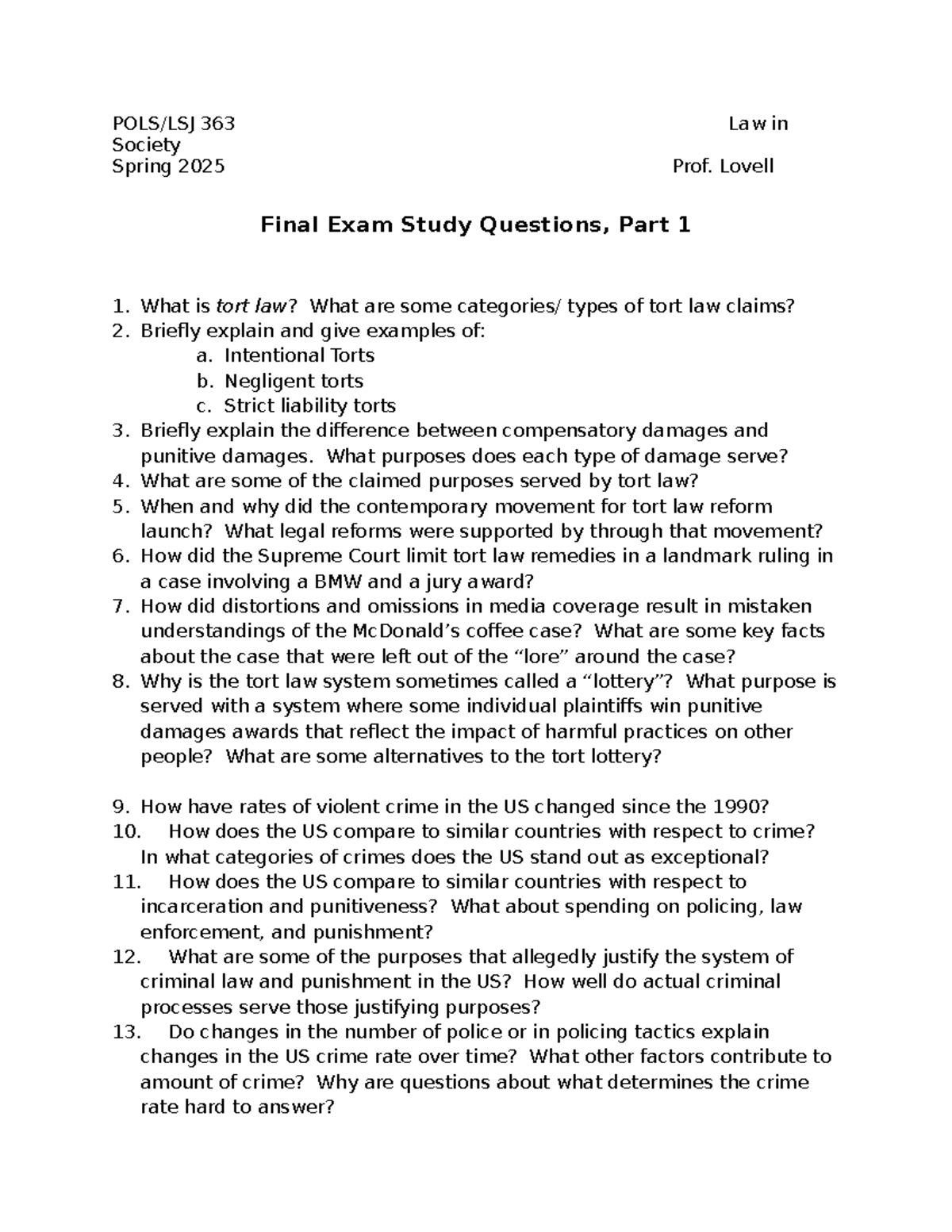 POLS/LSJ 363 Spring 2025 Final Exam Study Guide: Key Questions on ...