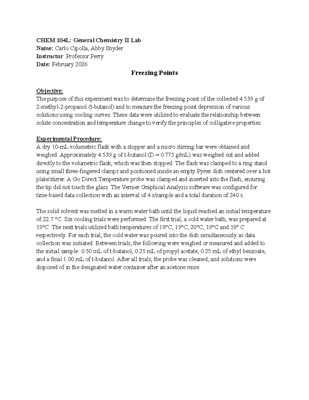 CHEM 104L: Freezing Point Depression Lab Report - Studocu