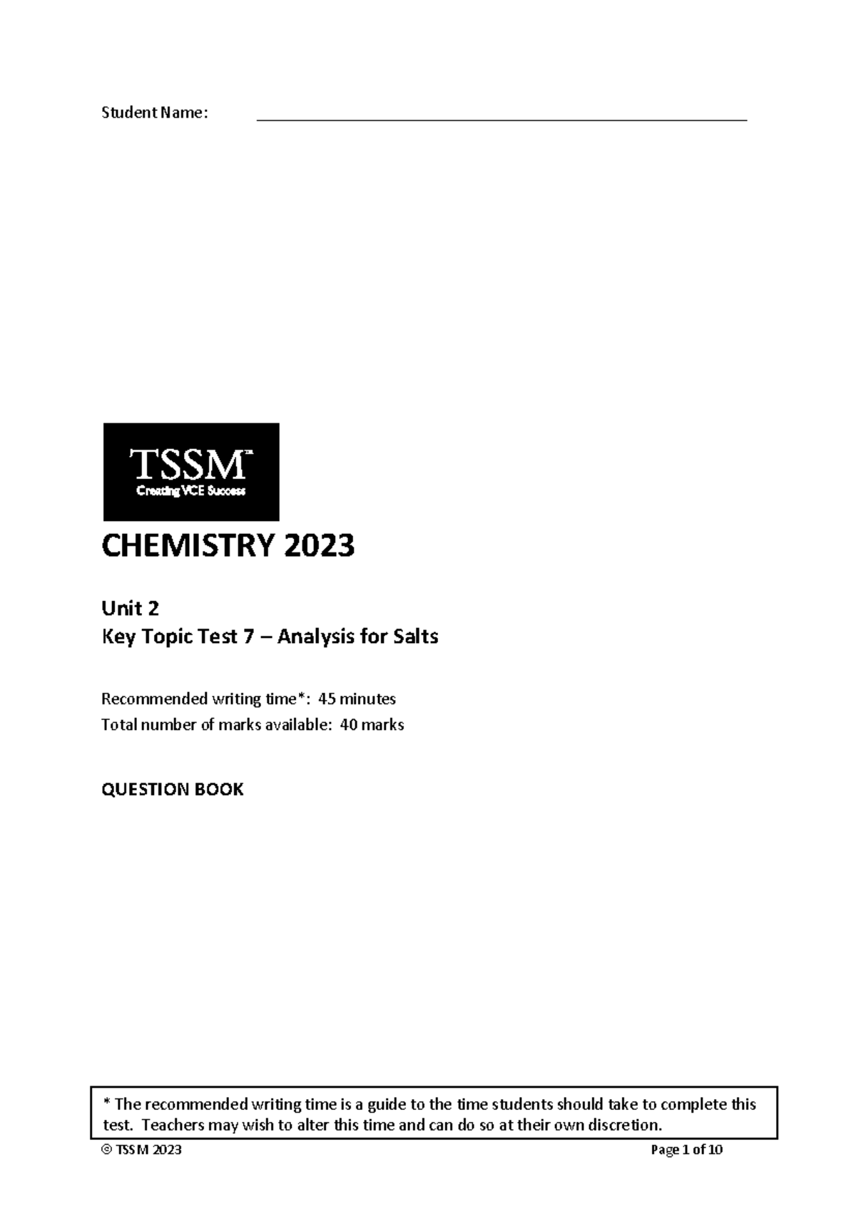 2023 Unit 2 Chemistry Key Topic Tests - Question Book 7-1 - Student ...