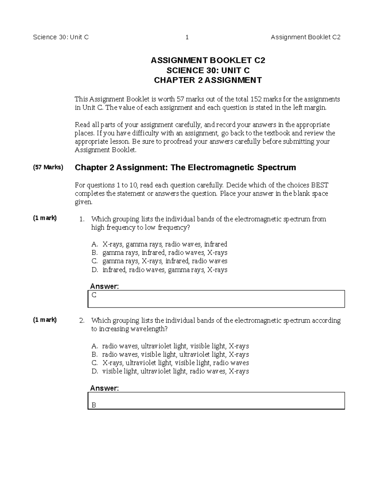 Science 30: Unit C Chapter 2 Assignment Booklet C2 (57 Marks) - Studocu