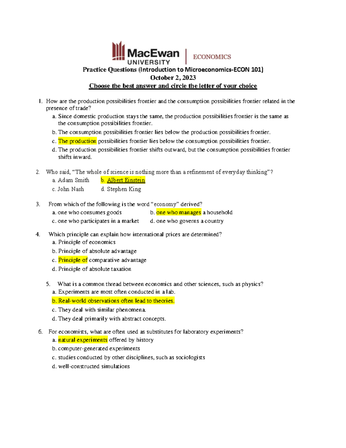 Key-Practice Questions-ECON 101 - Practice Questions (Introduction to ...