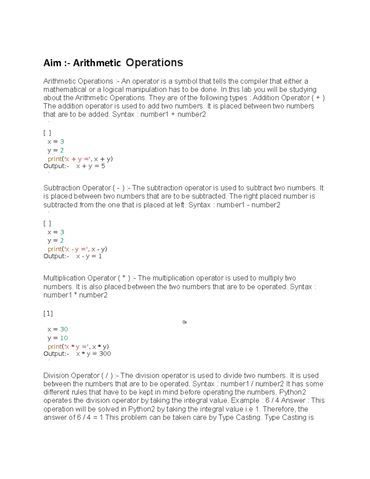 Arithmetic Operations Overview for CS101: Lecture Notes - Studocu