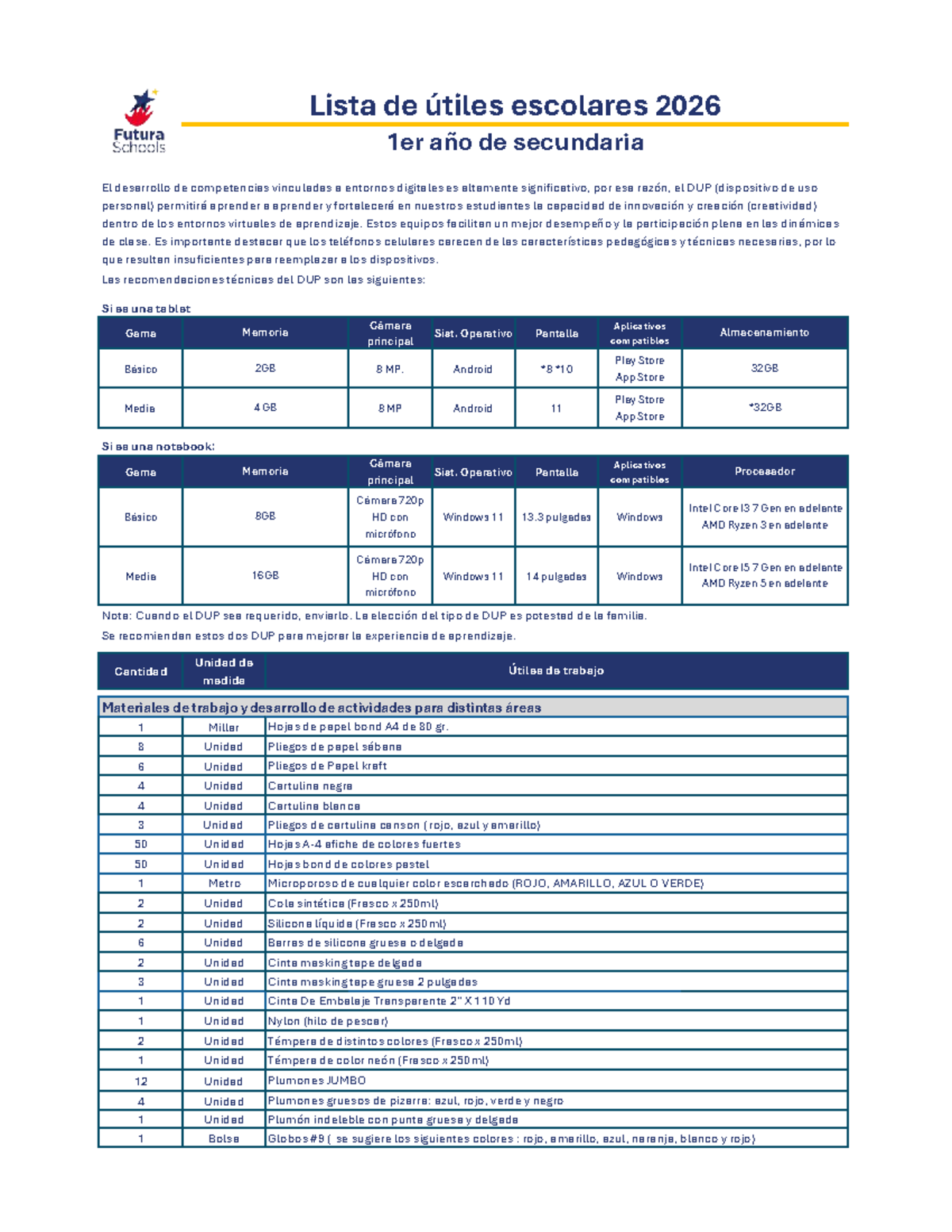Lista de Útiles Escolares 2026 - 1er Año Secundaria - Studocu