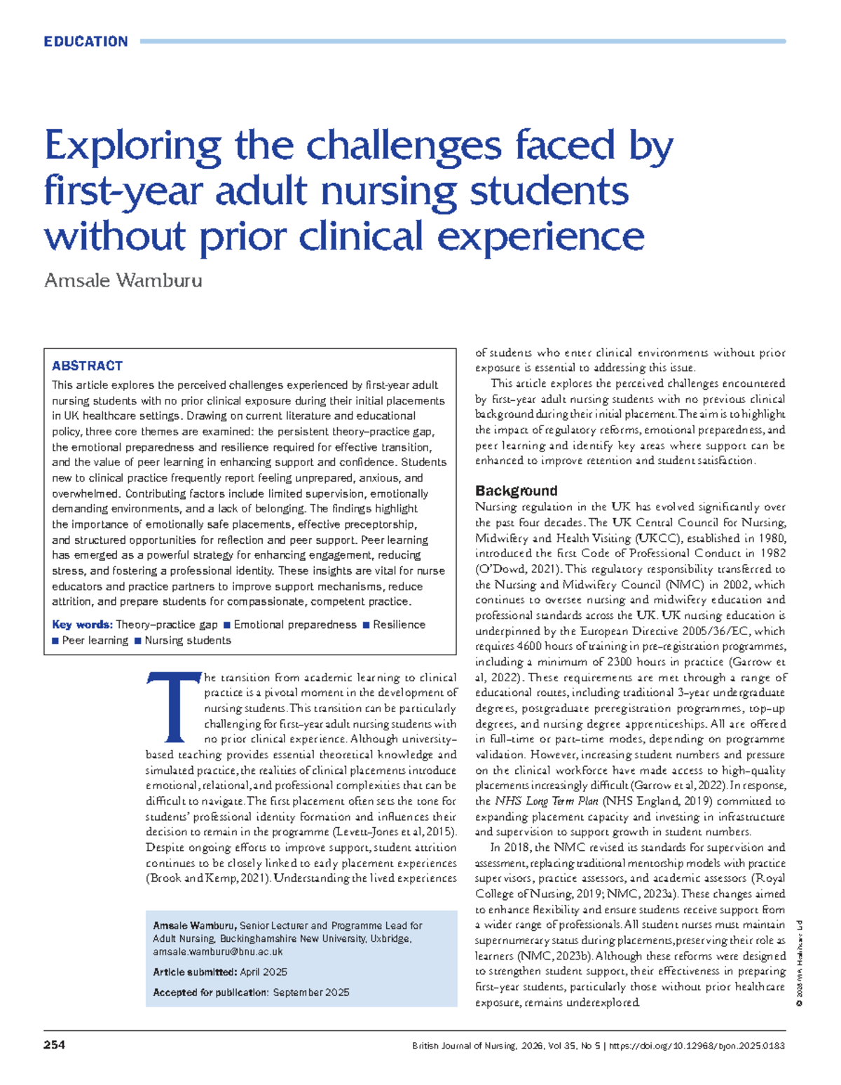EDUCATION Challenges for Adult Nursing Students in Clinical Placements ...