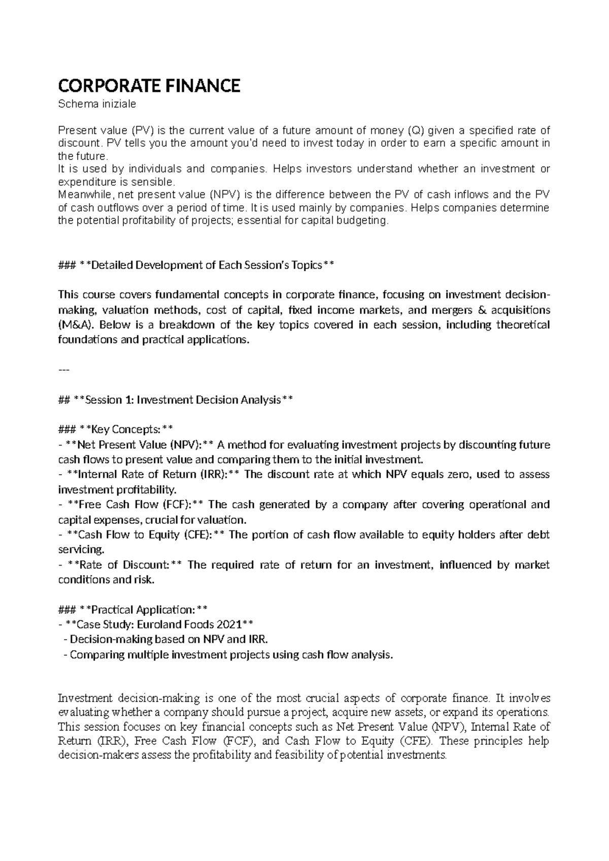 Corporate Finance (FIN 101): Key Concepts and Investment Analysis Notes ...