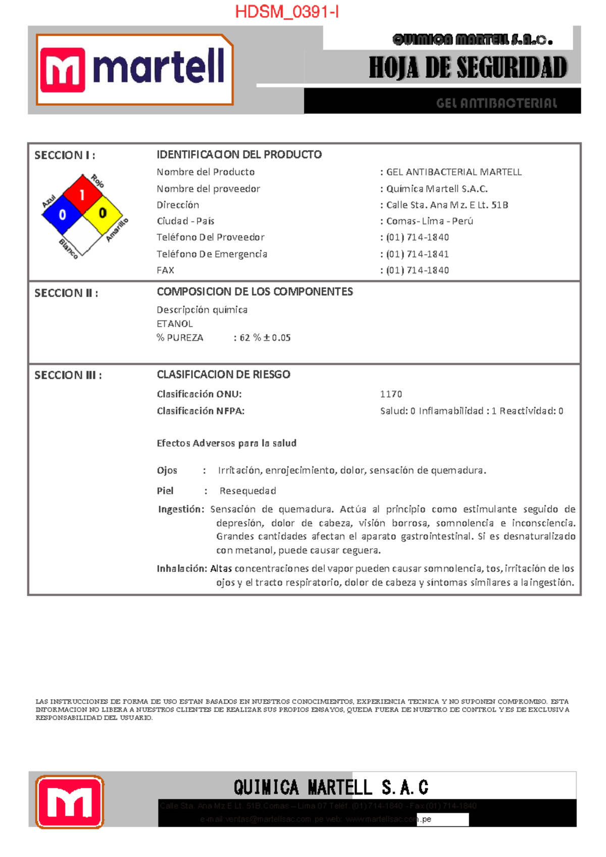 MSDS - Gel Antibacterial Martell - Información de Seguridad y Uso - Document Preview