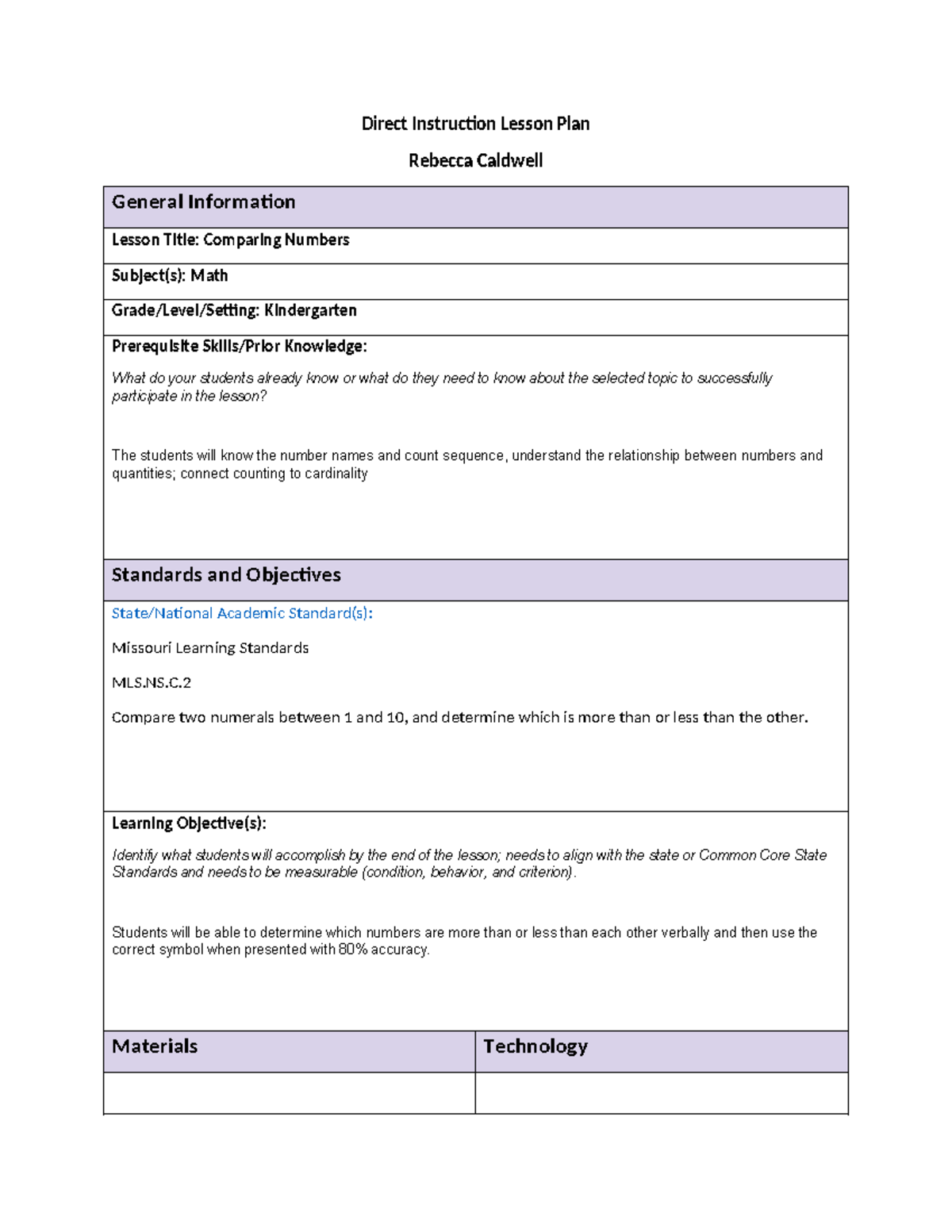 Direct Instruction Lesson Plan - Comparing Numbers in Math K (Task 2 ...