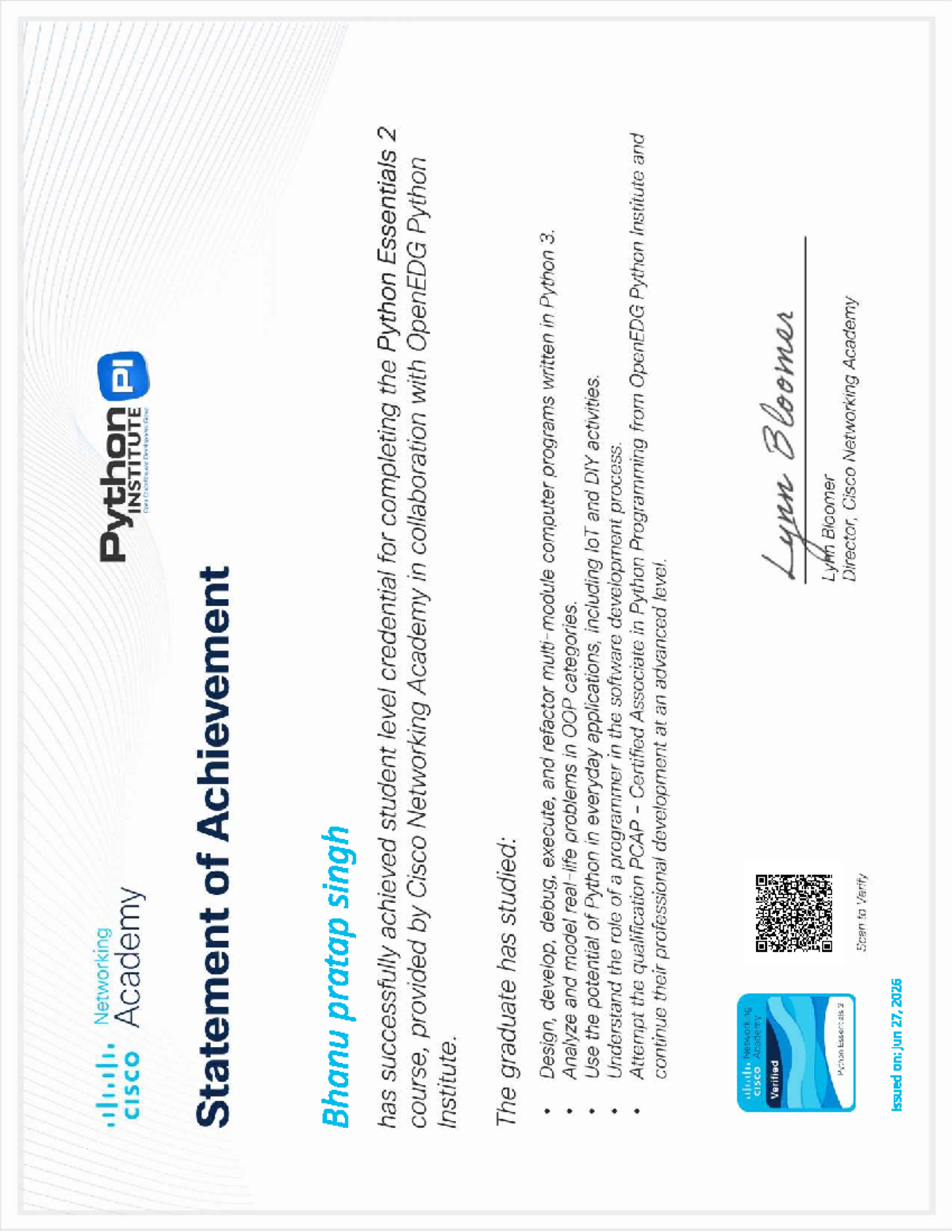 CISCO Academy Python Essentials 2 Achievement Statement - Studocu