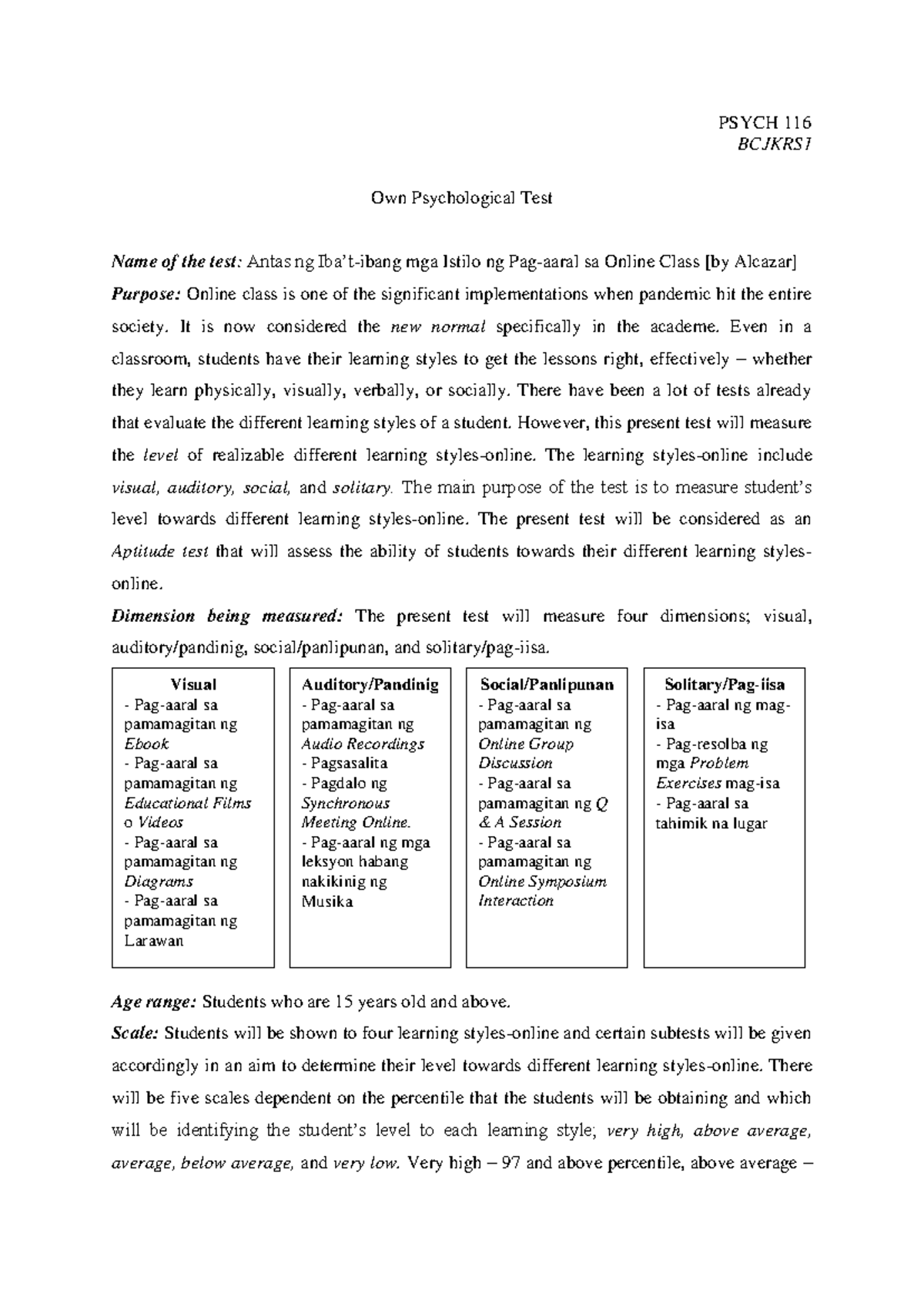 Filipino Psychology - Own Psychological Test - ALCAZAR, Daegee M. PSYCH ...