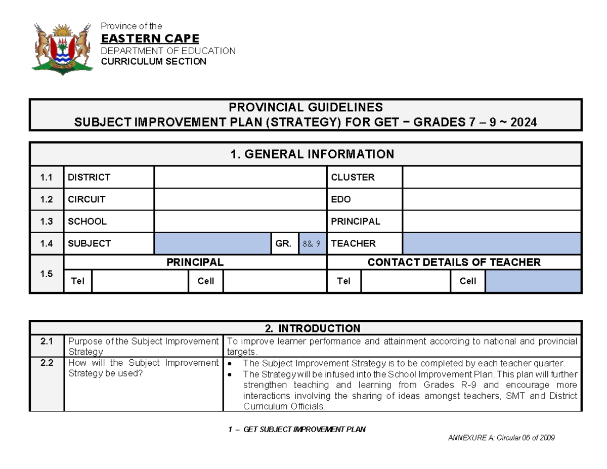 Subject Improvement Plan Strategy for GET Grades 7-9 (2024) - Studocu
