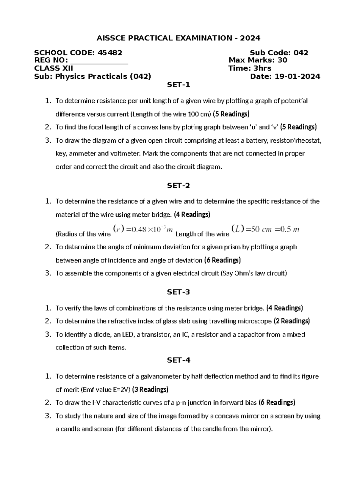 Physics Lab QP NEW - AISSCE PRACTICAL EXAMINATION - 2024 SCHOOL CODE ...