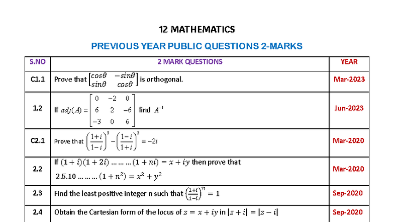 12 MATHEMATICS PUBLIC 2 MARK QUESTIONS - PREVIOUS YEAR EXAM - Studocu