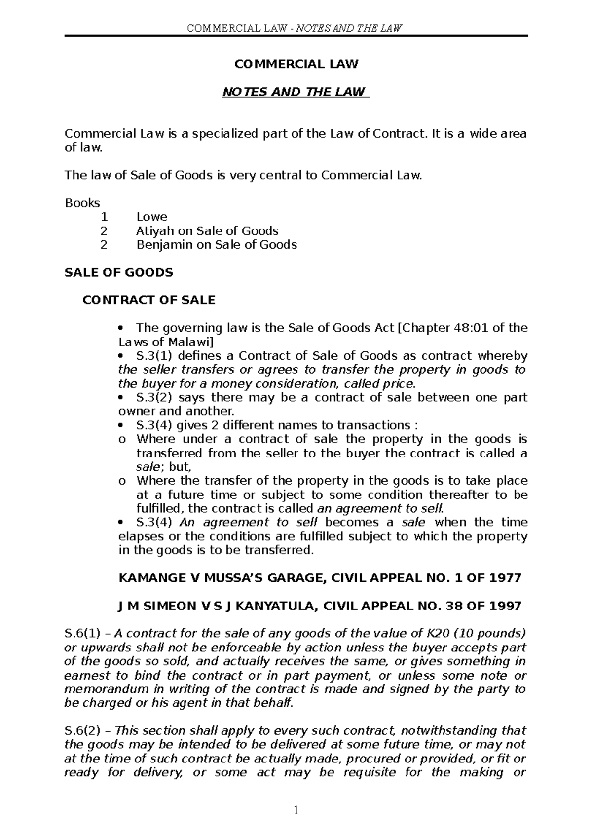 Commercial Law Notes: Sale of Goods & Key Legal Principles - Studocu