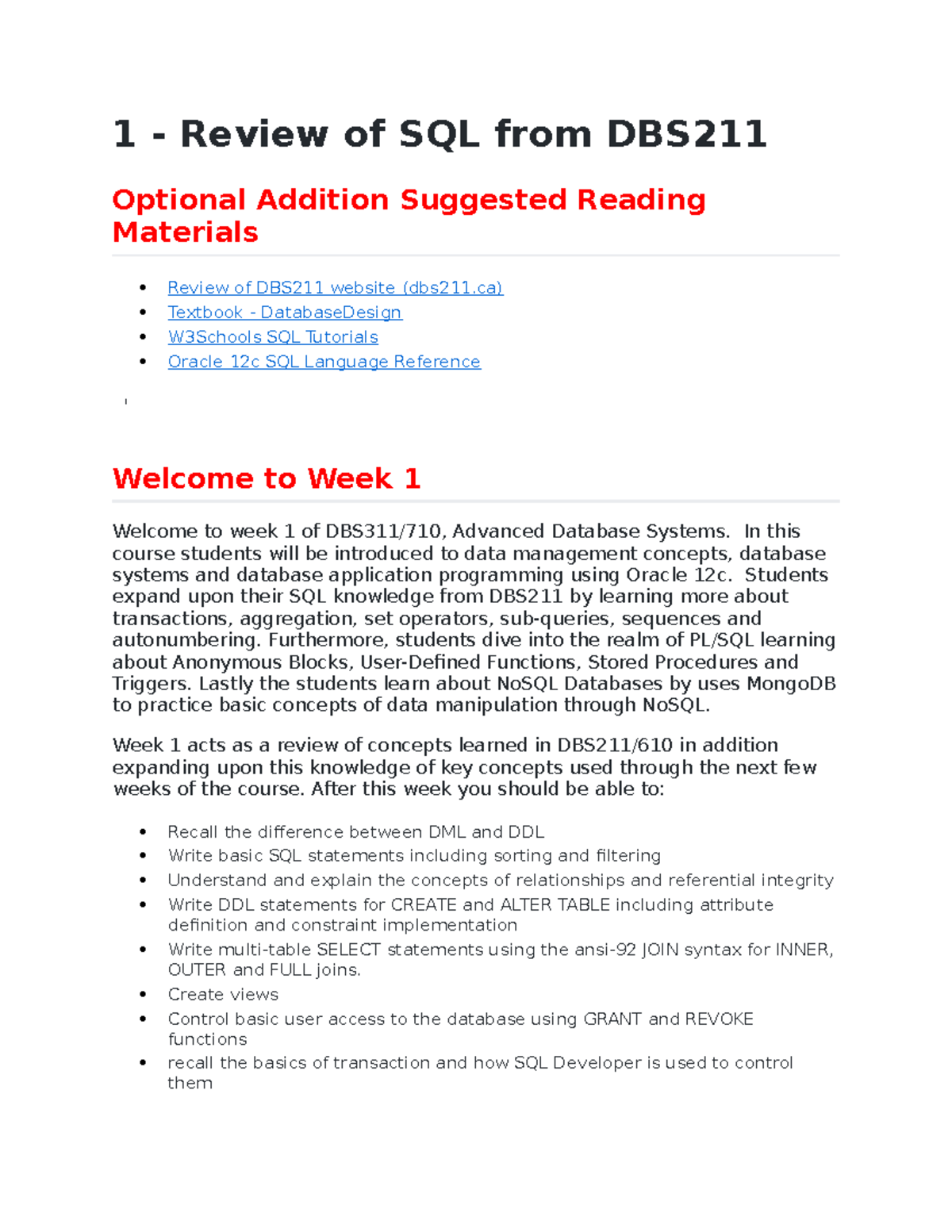 DBS 311 Week 1 Notes - 1 - Review of SQL from DBS Optional Addition ...