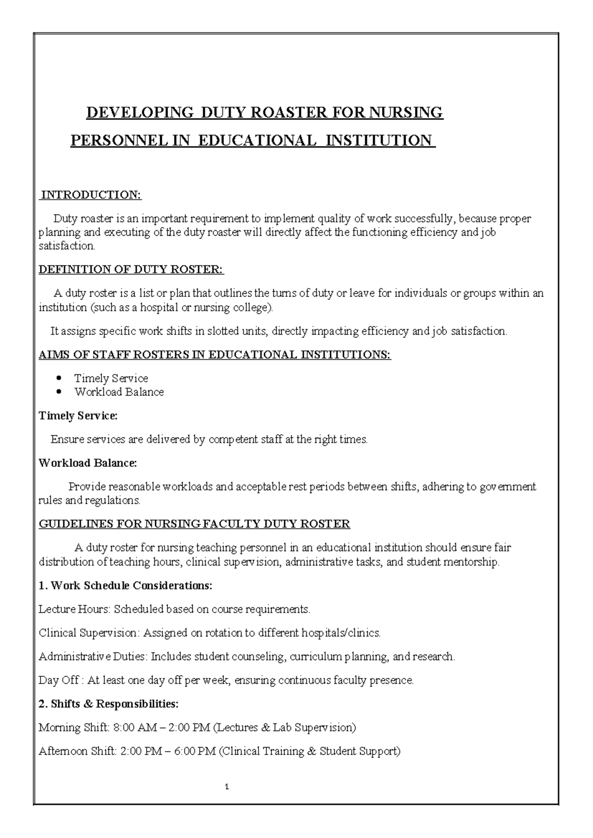Developing Duty Roster for Nursing Personnel in Educational ...