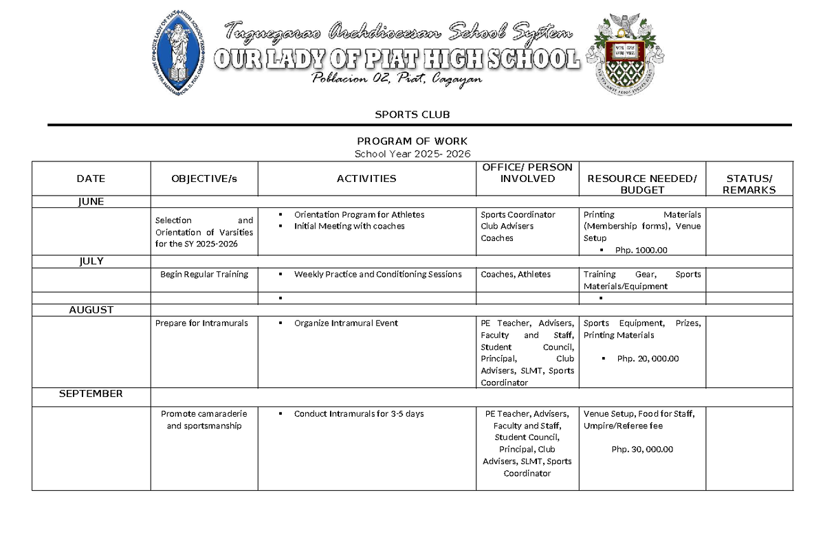 SY 2026 Sports Club Program of Work: Activities & Training Schedule ...