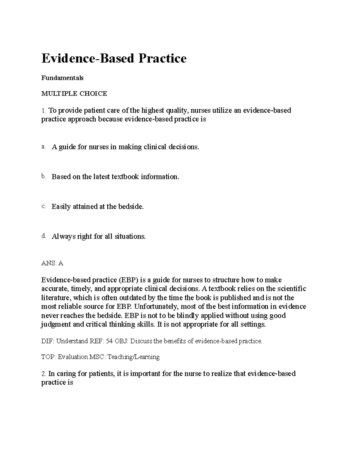 NUR 301: Evidence-Based Practice Fundamentals for Quality Care - Studocu