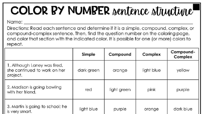 COLOR 101: Color By Number - Sentence Structure Activity - Studocu