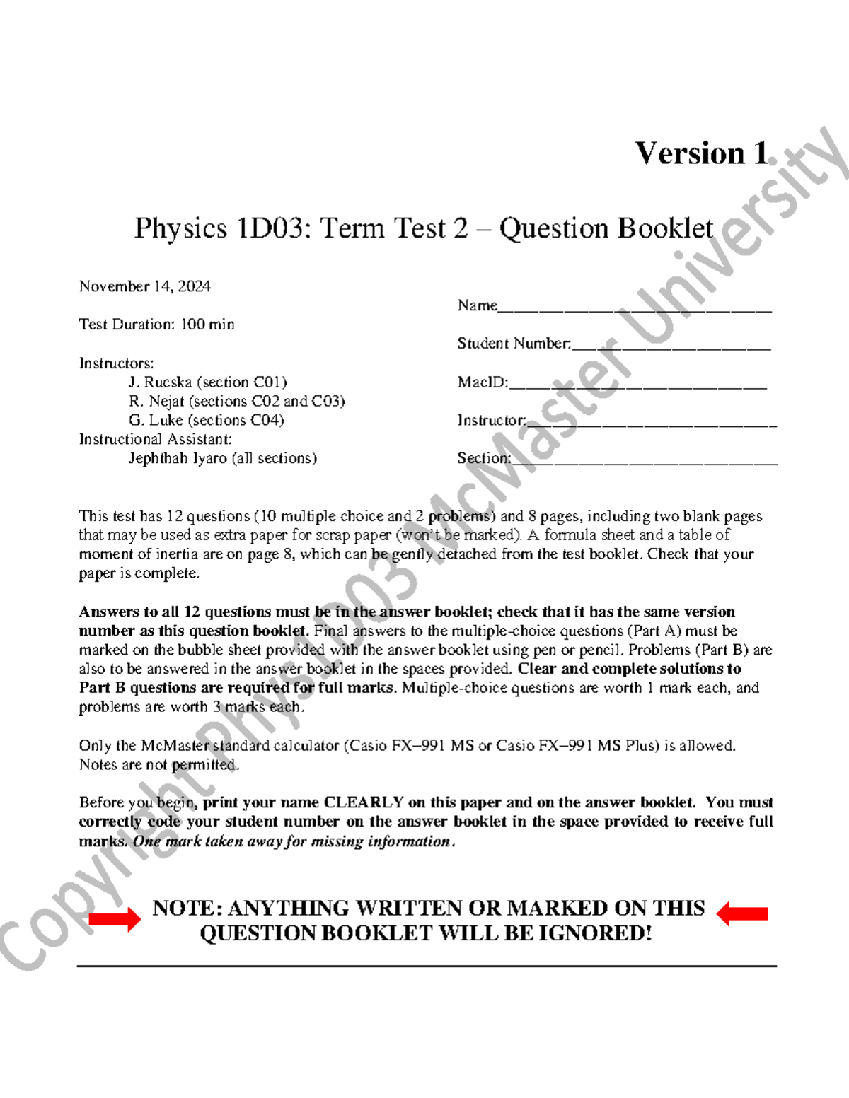 Physics 1D03 Term Test 2 - Question Booklet F24 V1 (Nov 2024) - Studocu