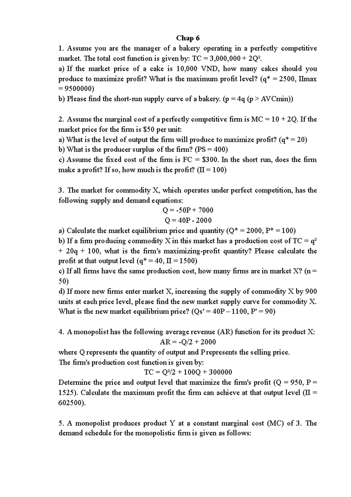 Micro - Exercise - Chapter 6: Perfect Competition & Monopoly Analysis ...