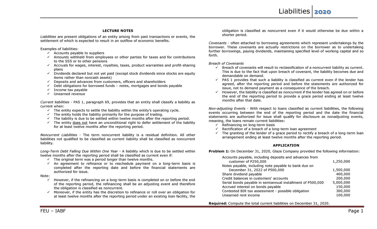 Activity - Financial Management LECTURE NOTES on Liabilities and ...