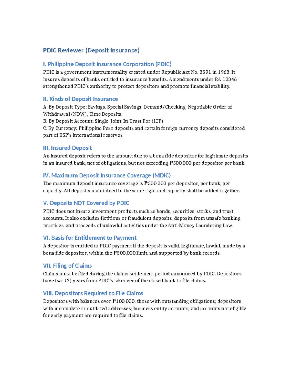 PDIC Reviewer: Deposit Insurance Overview and Key Concepts - Studocu
