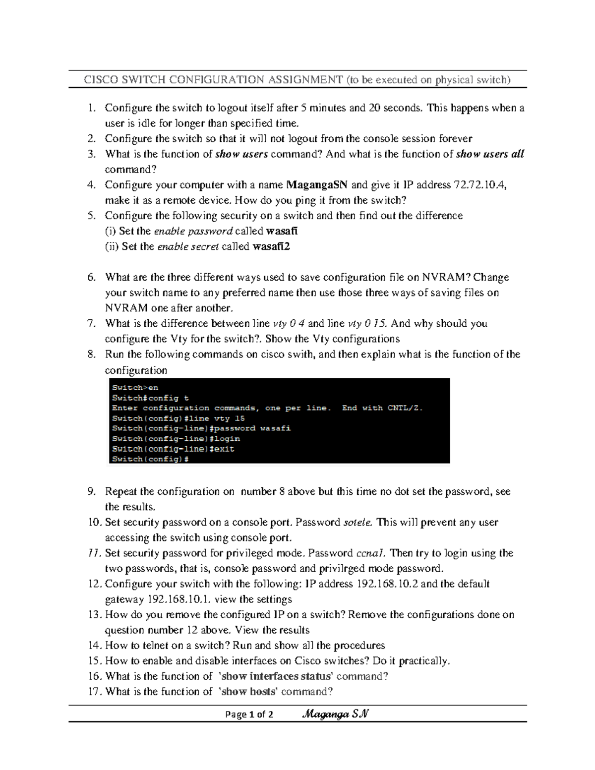 Assignment ON Cisco Switch Configurations 051545 - Page 1 of 2 Maganga ...