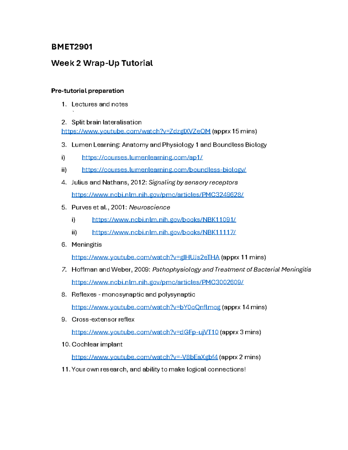 BMET2901 Week 2 Tutorial: Split Brain & Reflexes Case Studies - Studocu