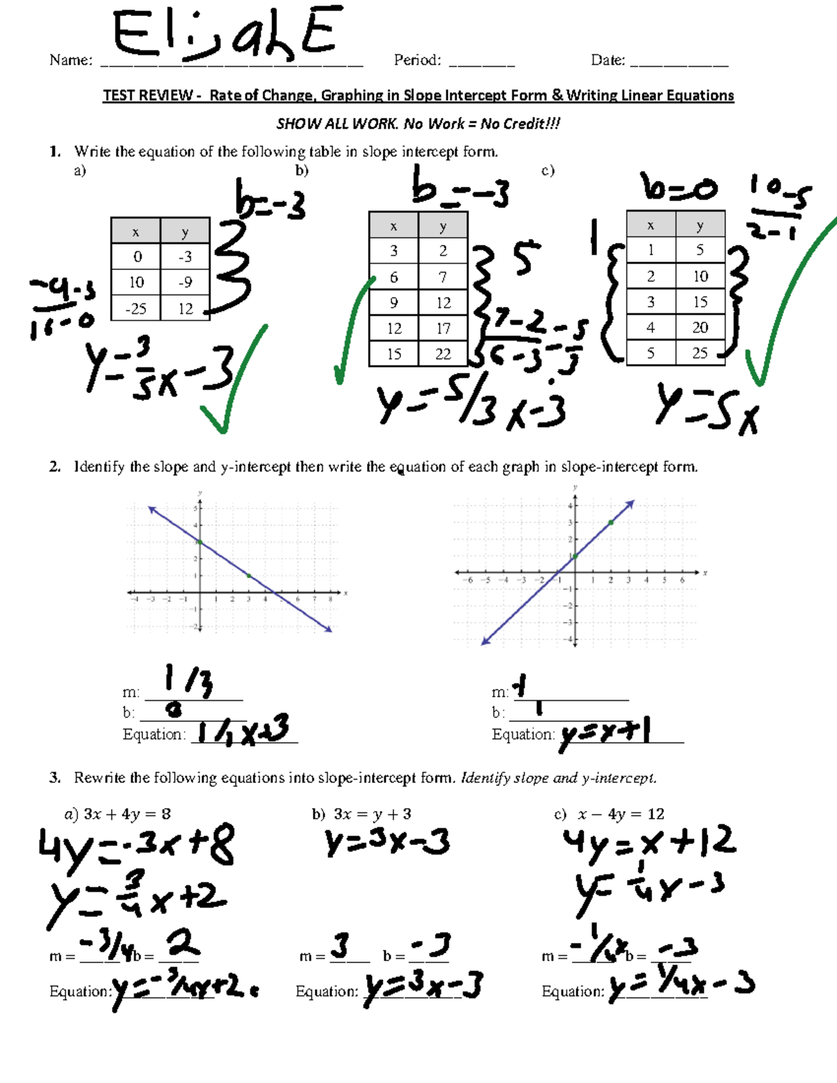 1 - TEST Review - Writing & Graphing in Slope-Int Form - Name