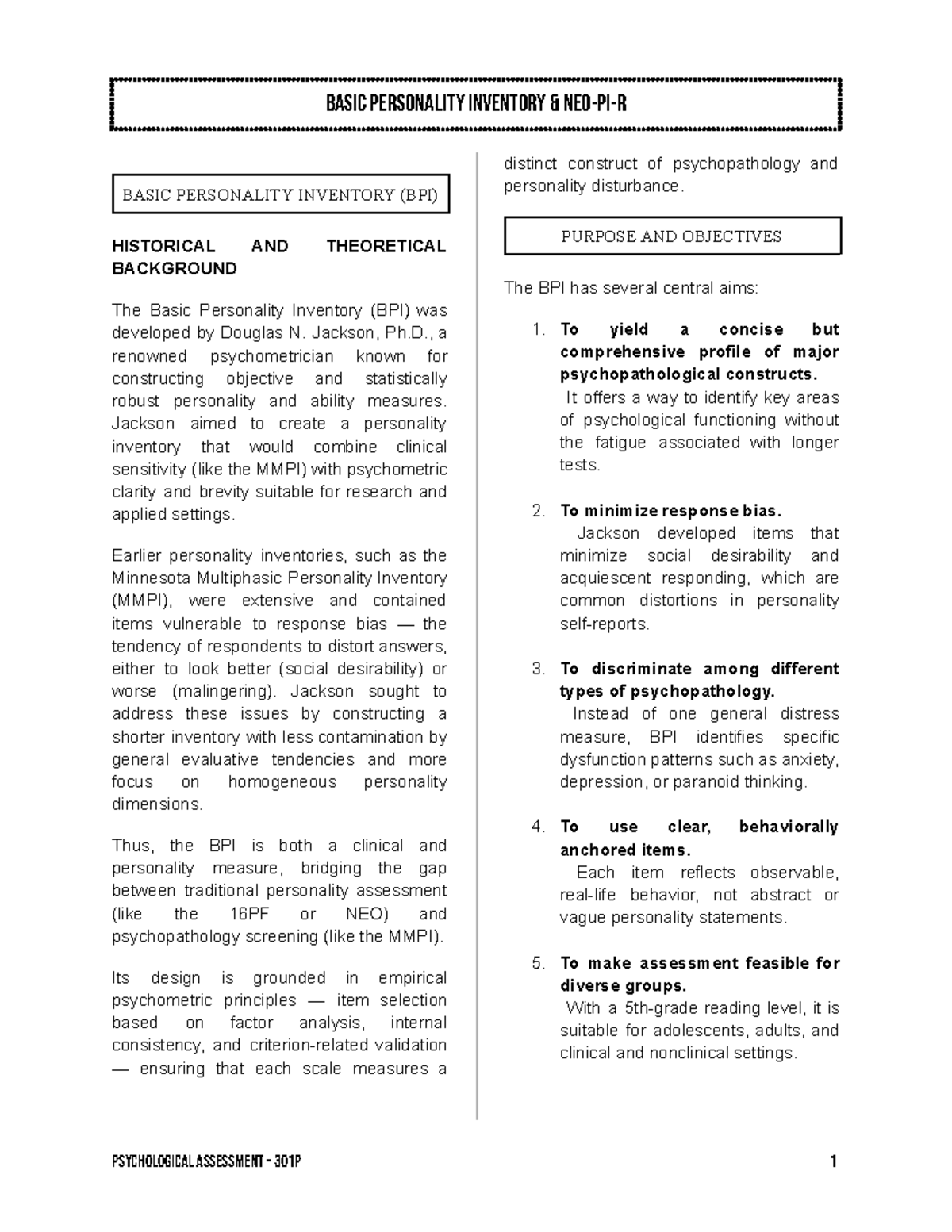 Basic Personality Inventory & NEO-PI-R: Overview and Applications - Studocu