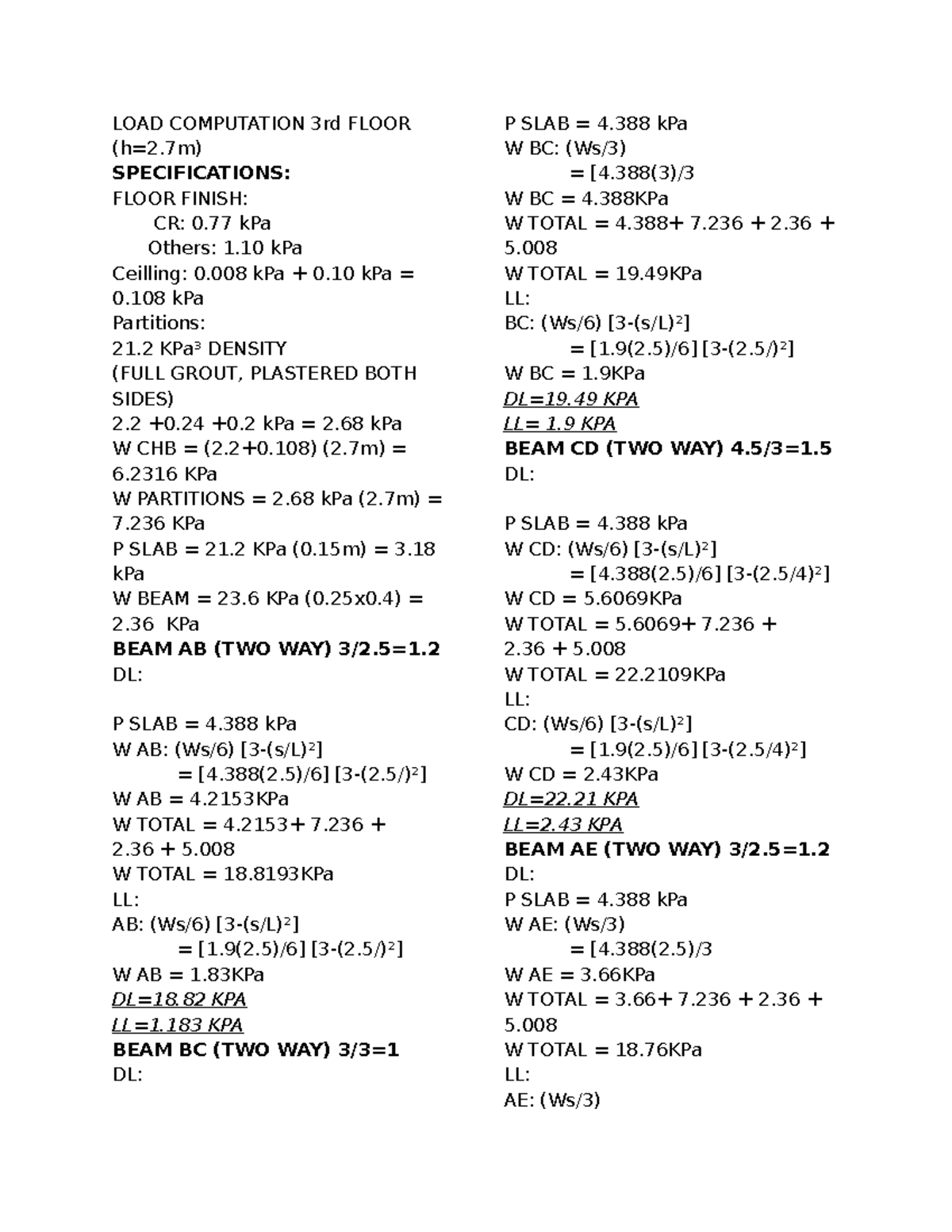 LOAD Computation for 3rd Floor Specifications and Details - Studocu