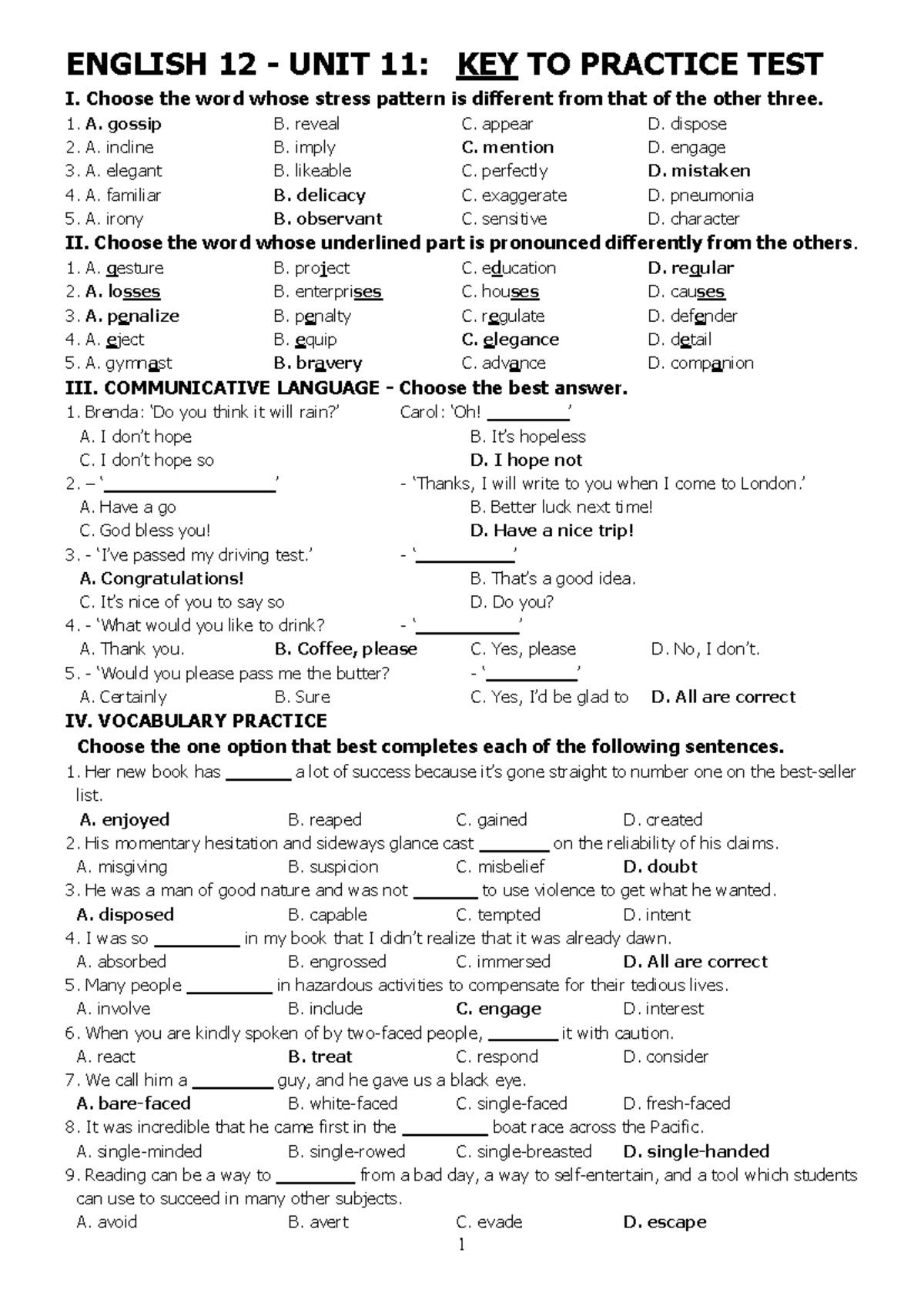 Anh 12 HK2 Unit 11 - Practice test - Key - ENGLISH 12 - UNIT 11 : KEY ...