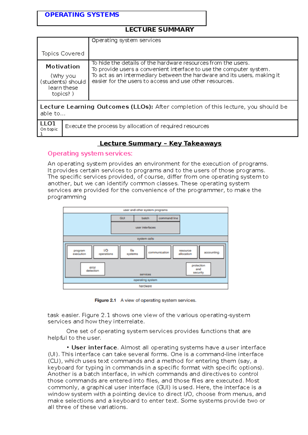 Operating system services - OPERATING SYSTEMS LECTURE SUMMARY Topics ...