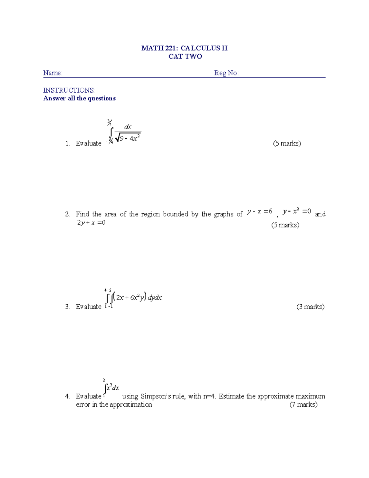 Math 221 Calculus II CAT 2 Final Exam Practice Questions - Studocu