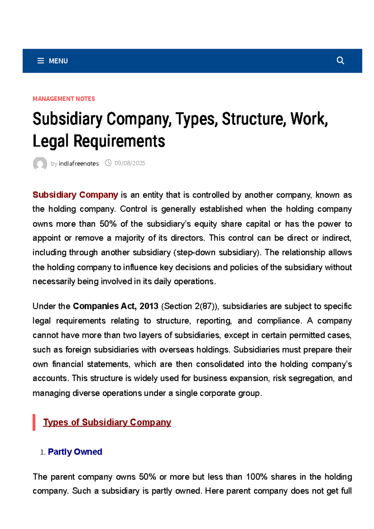 CL Module 1 Part 9 - Notes on Subsidiary Companies: Types, Structure ...
