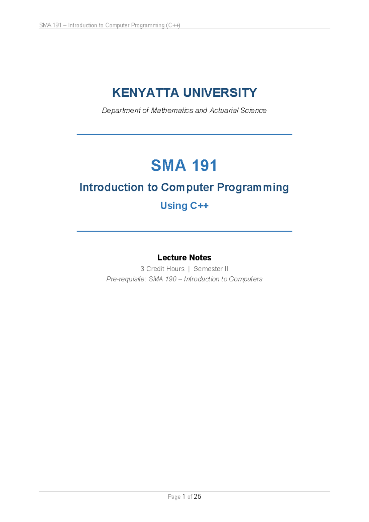 SMA 191 C++ Programming Lecture Notes - Essential Revision Guide - Studocu
