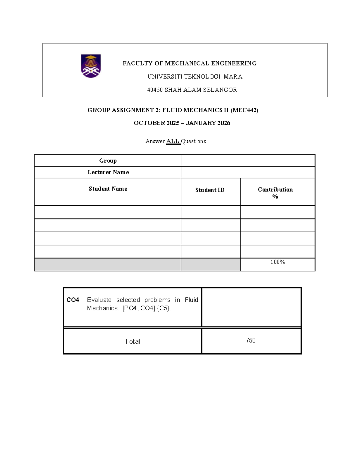 MEC442 Fluid Mechanics II Group Assignment 2: Pump Evaluation - Studocu