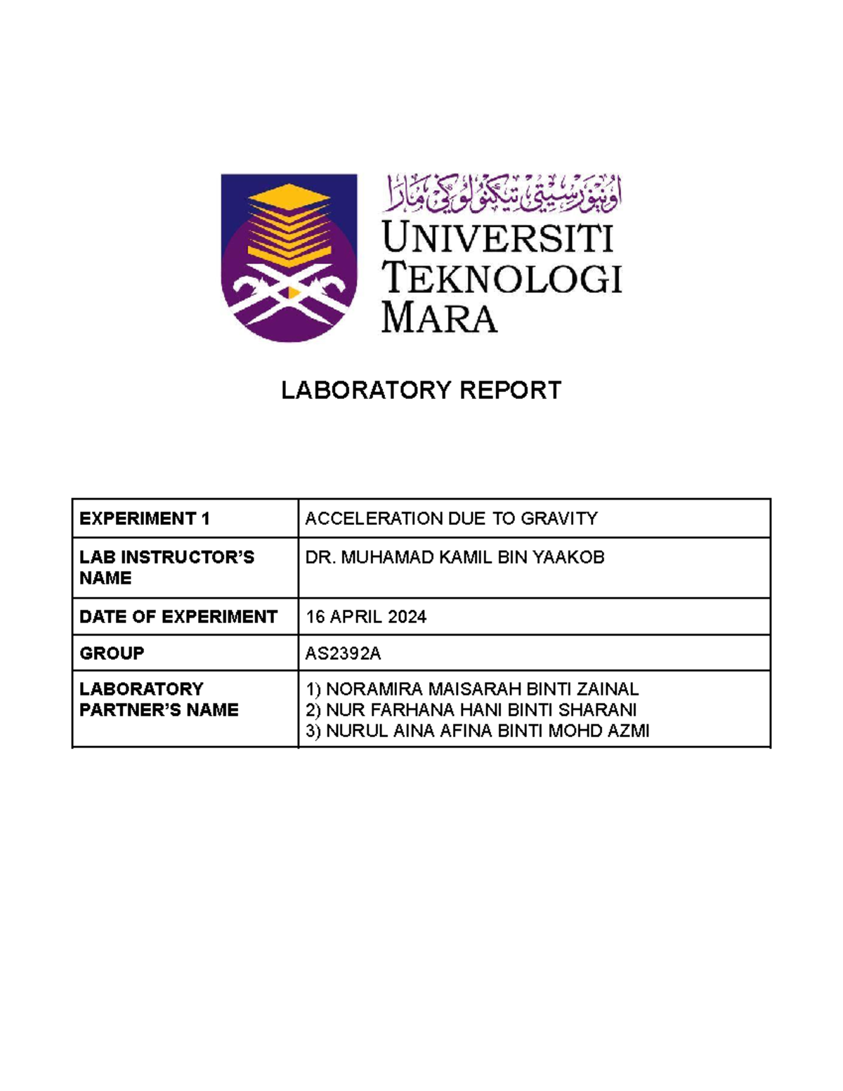 LAB Report: Experiment 1 - Acceleration Due to Gravity (PHY EXP 1 ...