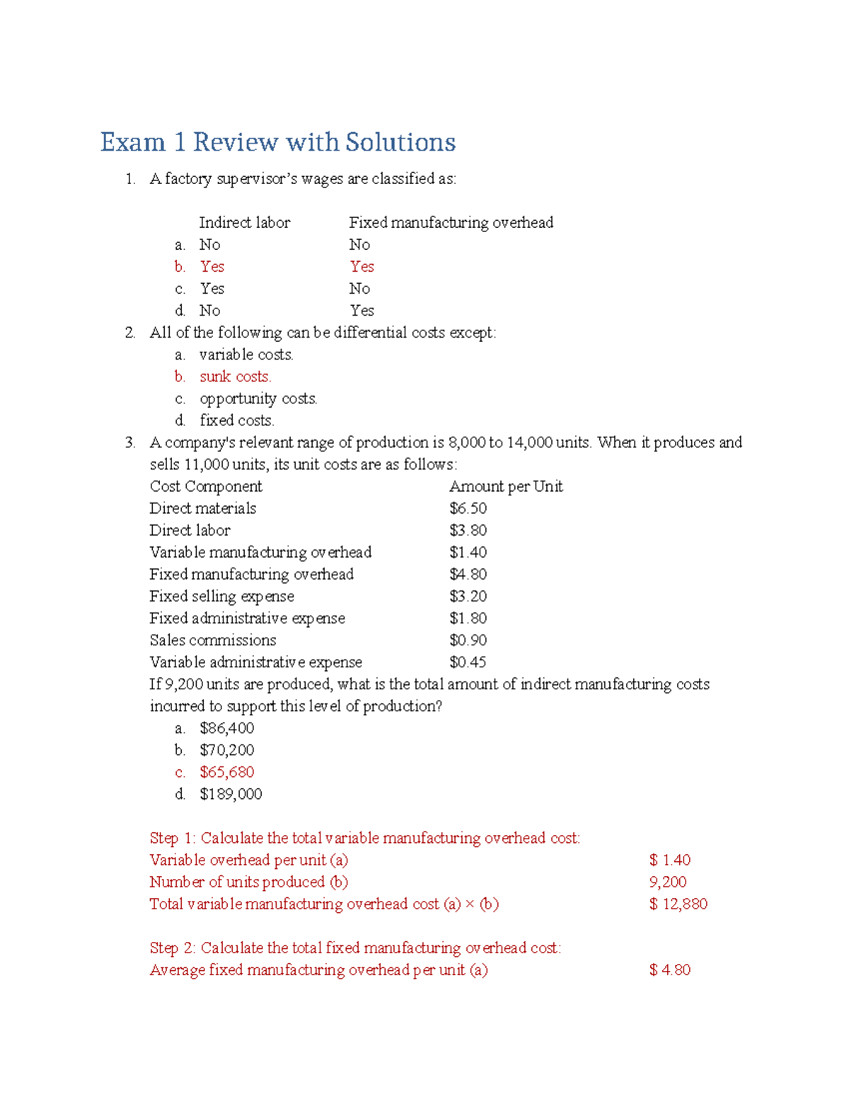 Exam 1 Review Solutions for Cost Accounting (ACCT 101) - Studocu