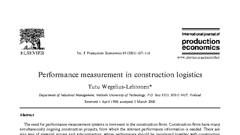 Performance Measurement Framework in Construction Logistics (INT. J ...