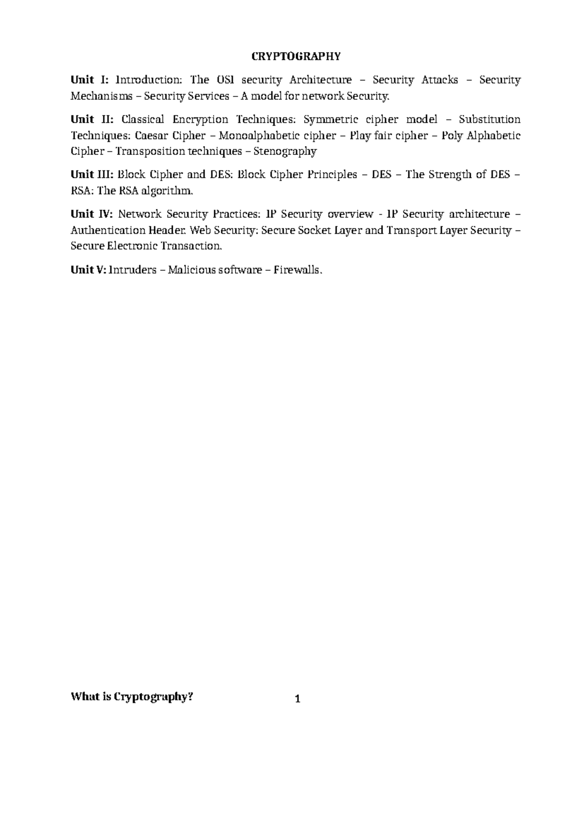 Cryptography Unit I: Introduction to Data Security Concepts and ...