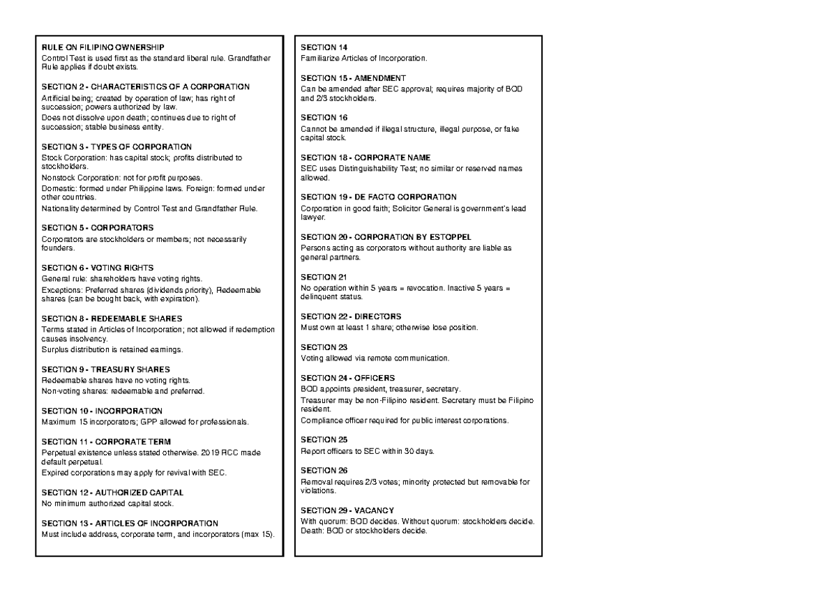 Corporation Law Reviewer (LAW 101): Key Concepts and Rules - Studocu