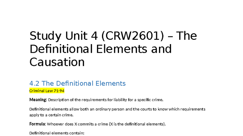 CRW2601 Study Unit 4 The Definitional Elements and Causation - Study ...