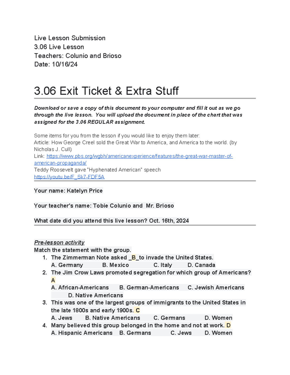 Copy of 3.06 LL exit document - Live Lesson Submission 3 Live Lesson ...