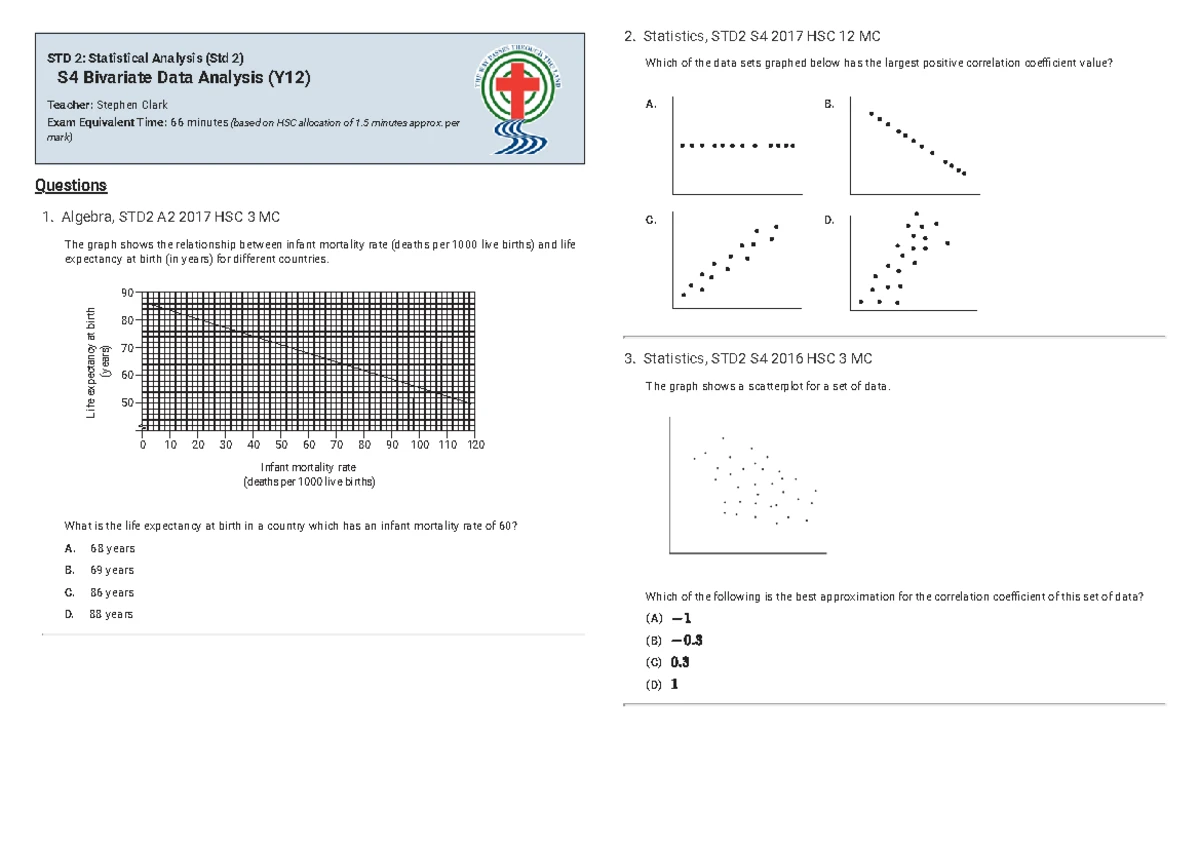 HSC Past Exam: Bivariate Data Analysis & Regression (Q33) - Studocu