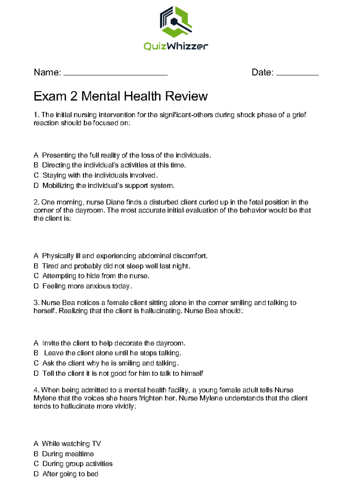 Exam 2 Review: Key Concepts in Mental Health and Nursing Practices ...
