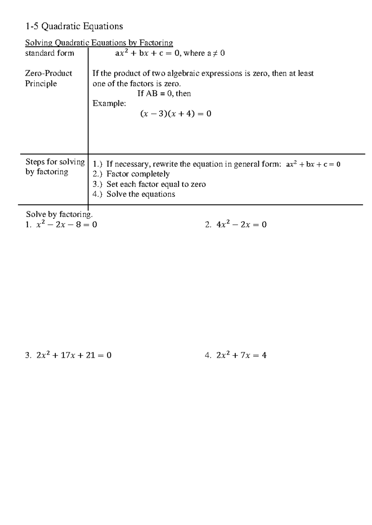1-5 Quadratic Equations: Solving Techniques and Methods - Studocu
